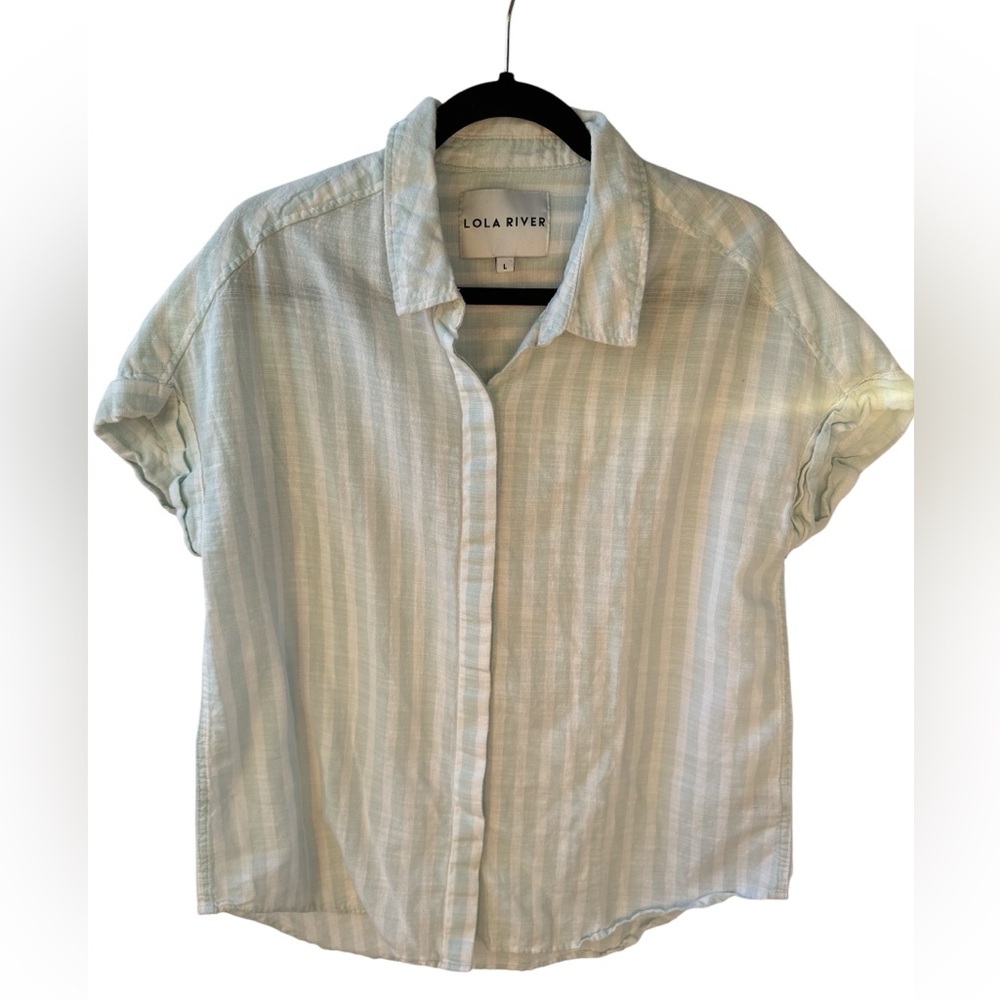 Lola River Women's Light Blue Striped Button-Up Blouse 100% Cotton